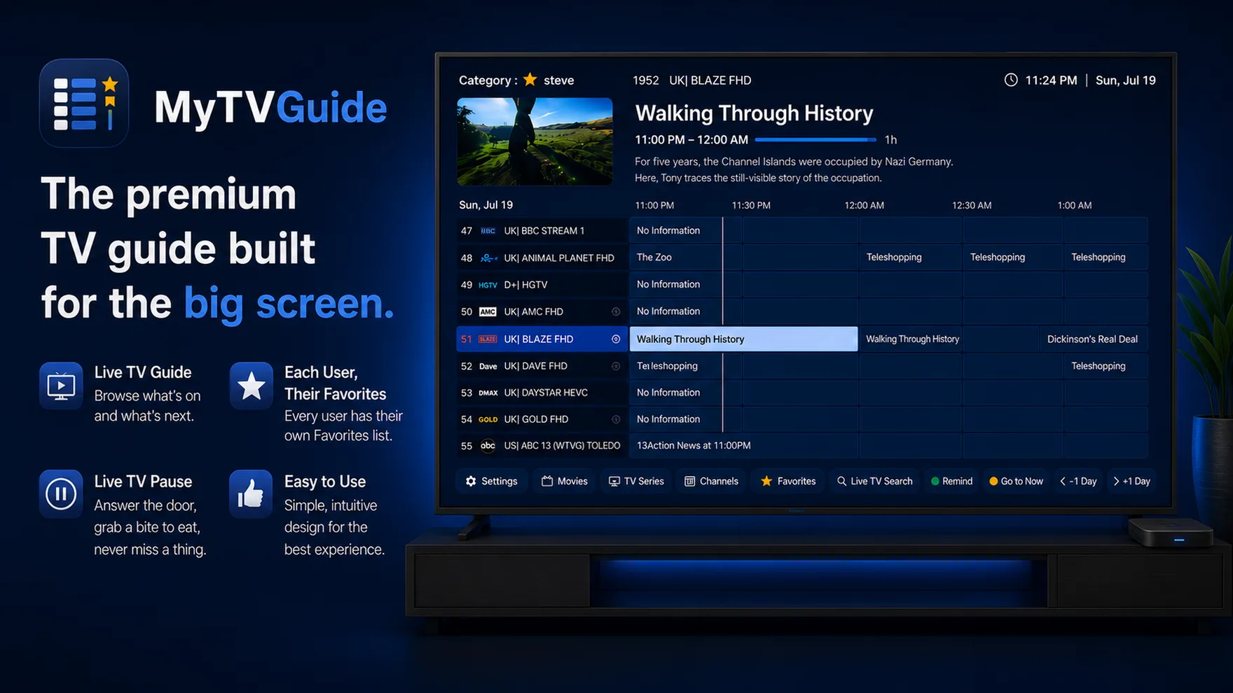 MyTVGuide program guide shown on a living room TV, with live channel list and program details